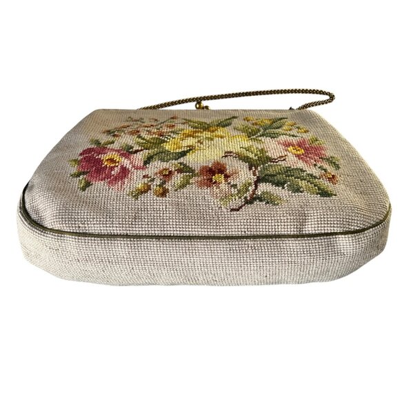 Vintage Needlepoint Floral Handbag Chain Handle Satin Lining - Picture 12 of 16